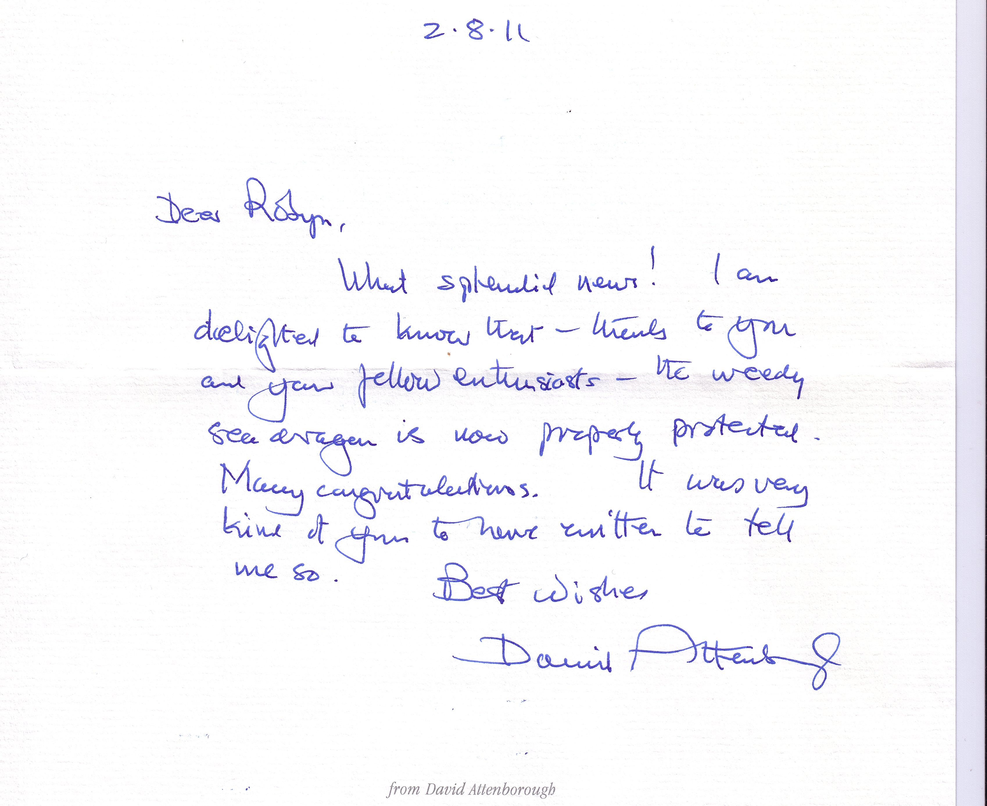 Congratulation letter from David Attenborough